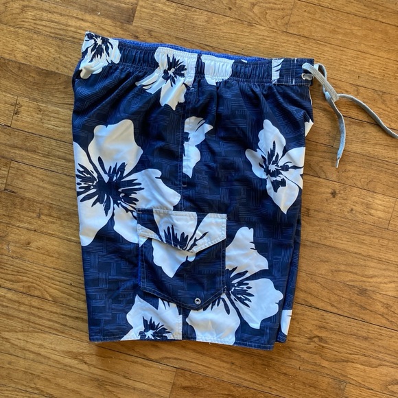 Mens Sonoma Blue and White Floral Swim Trunks - Large Swimsuit Board Shorts - Picture 2 of 6